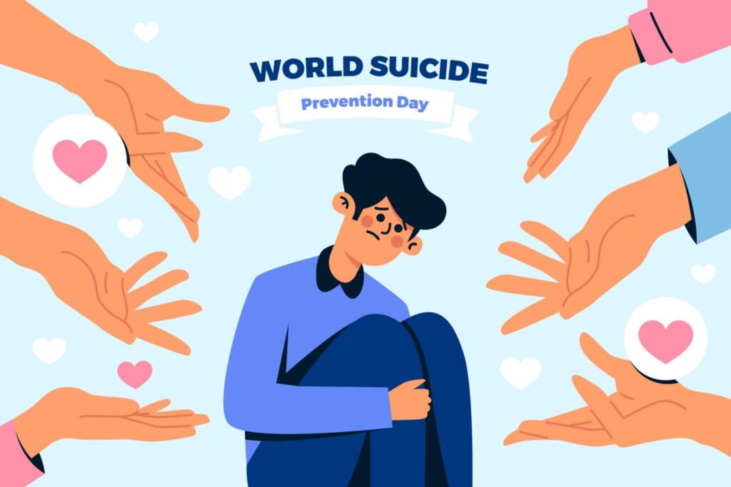 Text Writes 'World Suicide Prevention Day'. The graphic illustrated a sad young boy crouched down in the centre with hands around him offering help.