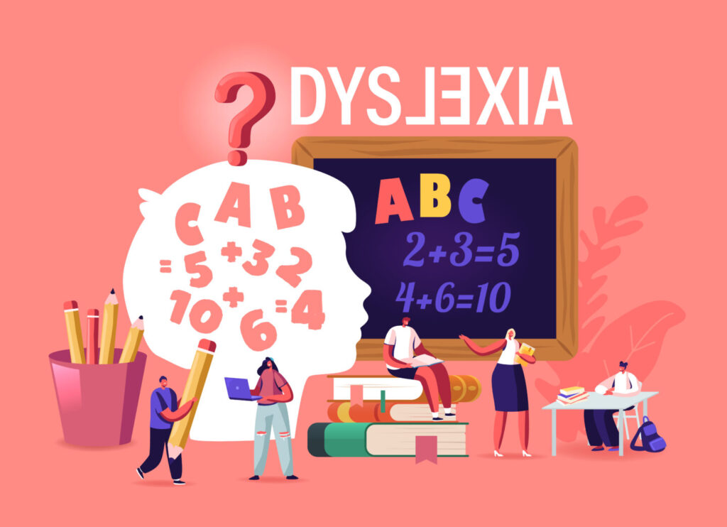 Children with Dyslexia Disorder Study in Special School. Tiny Kids Characters Listen Teacher in Class front of Huge Blackboard with Stationery around and Child Head. Cartoon People Vector Illustration