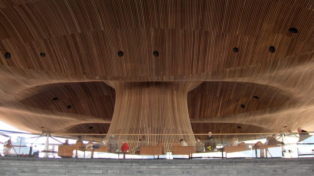 Wooden funnel and roof inside the Senedd building