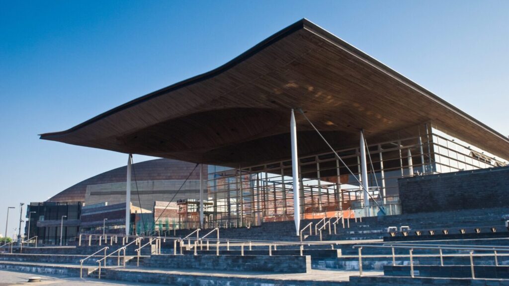Outside of the Senedd building in Cardiff Bay