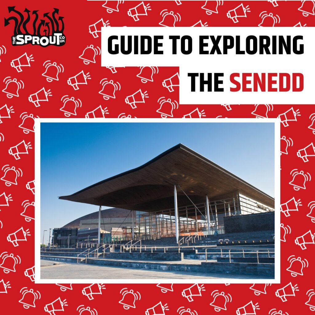 Outside of the Senedd building with text stating 'Guide to exploring the Senedd'